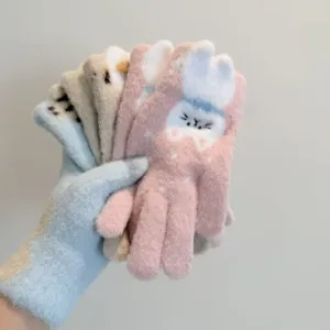 Kitten jacquard fleece lined touch screen gloves, cute winter warm thick knitted gloves