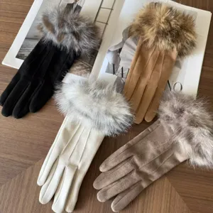 Women's Winter Warm Touch Screen Gloves Fleece Lined Faux Fur Cuff Three Ribs Windproof Cycling Mittens