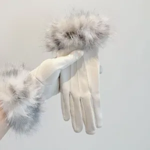 Elegant women winter white warm gloves with plush fluffy fur cuffs and stylish three ribs design.