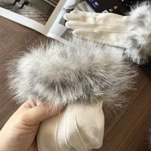 Women winter warm gloves with plush fur cuff and touch screen design for outdoor cycling.