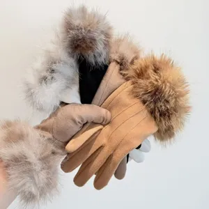 Women's winter warm touchscreen gloves with plush fur cuffs and suede three-stripe design.