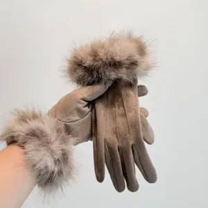 Women winter warm touch screen gloves with plush faux fur cuffs and elegant suede finish.