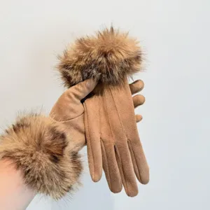 Women winter warm faux suede gloves with plush fur cuffs and stylish triple stitch design.