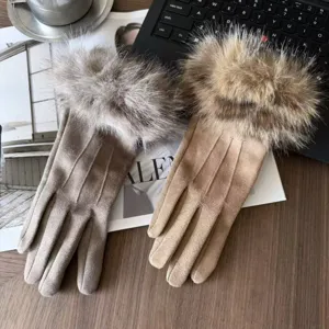 Women winter warm suede touch screen gloves with furry cuff and three-rib design detail