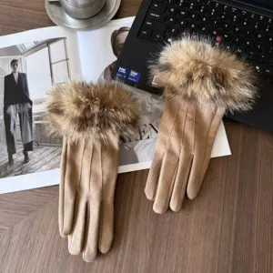 Women winter warm faux suede gloves with plush fur cuff touch screen windproof gloves