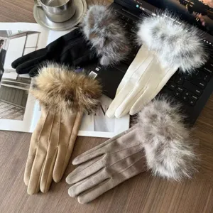 Women's winter warm touchscreen gloves with fluffy fur cuff and suede texture, four colors.