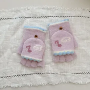 Women winter warm knit fingerless gloves with flip top cover cute music note design.