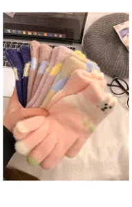 Kleurrijke pluizige gebreide handschoenen voor dames, schattige winter warme touchscreen set.