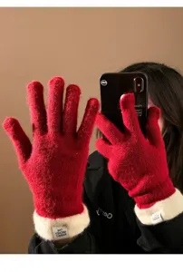 Winter red knit gloves for women color block warm touch screen cycling gloves cute style