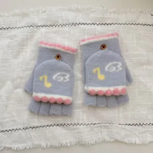 Cute fleece half-finger convertible gloves for women, warm winter knit gloves with cute motif.