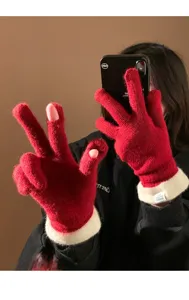Korean style color-block split-finger knit gloves for women, winter warm touch screen gloves.