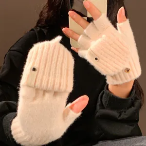 Women Winter Warm Flip Cover Gloves Touch Screen Alpaca Fleece Knitted Mittens Half Finger For Outdoor Cycling