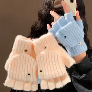 Women's winter knit flip-top fingerless gloves, cozy plush warm half-finger gloves in blue.