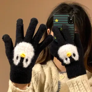 Women's Winter Thermal Touch Screen Gloves Cute Cartoon Penguin Plush Knitted Gloves Outdoor Cycling Mittens