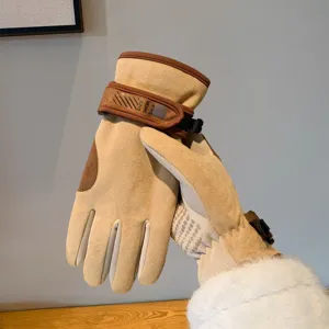 Vintage suede winter gloves for women, thick plush warm windproof cycling thermal mittens.
