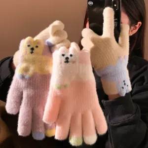 Schattig Puppy Patroon Pluche Gebreide Handschoenen Vrouwen Winter Warm Touchscreen Wantten