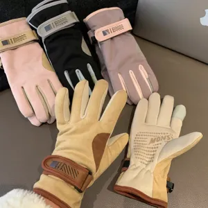 Vintage women's suede winter gloves, thick plush lined thermal windproof cycling gloves.