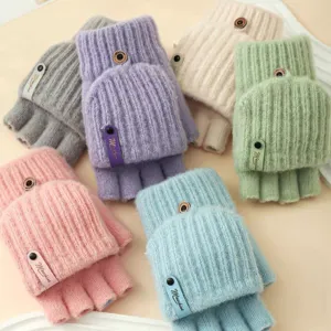 Women winter knit flip-top fingerless gloves warm thick convertible mittens for cold days