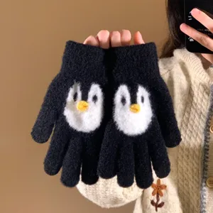 Cute cartoon penguin plush knitted gloves for women winter warm cold-proof split-finger
