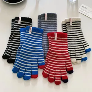 Striped knit gloves women winter warm touch screen five finger wool mittens multi color