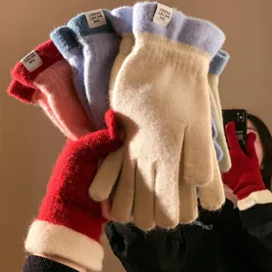 Winter Women Alpaca Wool Knitted Gloves Color Block Splicing Touch Screen Warm Cold Proof Thermal Mittens Daily Wear