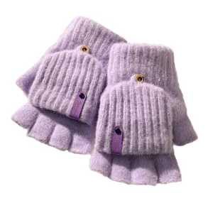 Purple plush convertible fingerless gloves for women winter warm thick knit mittens