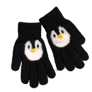 Cute cartoon penguin knit gloves for women winter warm cold proof split finger black mittens