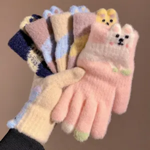 Schattige roze puppy pluche gebreide handschoenen voor dames, winter warme dikke touchscreen wanten.