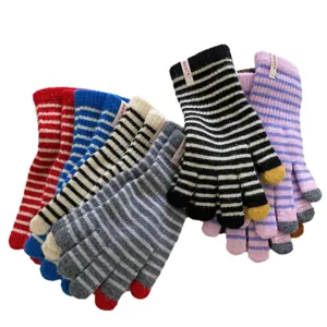 Women winter warm knitted striped gloves touch screen five finger thermal gloves retail