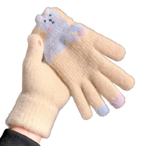 Leuke beren winter gebreide touchscreen handschoenen voor vrouwen warme pluche thermische