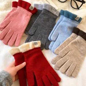 Korean style color block knitted gloves winter warm five-finger touchscreen women