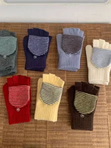 Guanti invernali in maglia convertibili senza dita guanti a righe caldi guanti di lana
