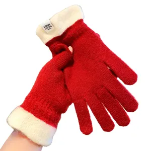Red and white color block knitted touchscreen gloves for women, warm and stylish winter.