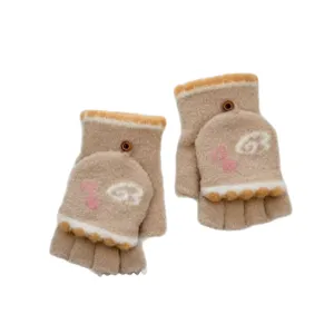 Women's winter warm knitted half-finger flip gloves with cute music note and letter pattern.