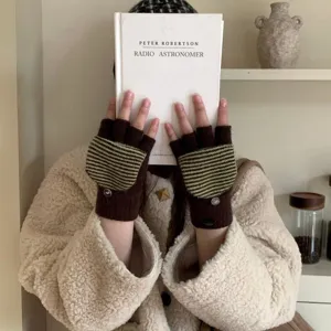 Guanti invernali caldi in maglia convertibili senza dita guanti di lana a righe vintage