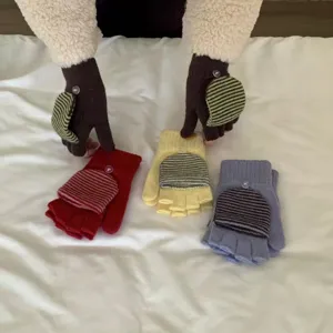 Autunno inverno maglia risvolto rigato caldo vintage mezzo dito guanti di lana per studenti