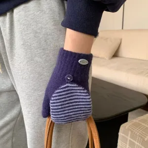 Inverno maglia copertura calda a righe vintage mezza dito guanti di lana freddo