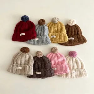 Bonnet en Tricot pour Enfants Laine d'Alpaga Mignon Pompon Bord Roulé Bonnet d'Hiver Chaud pour Tout-Petits Garçons Filles Décontracté Quotidien