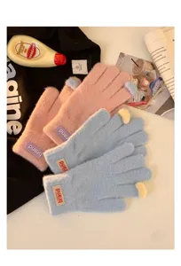 Gants en tricot chaud d'hiver détail, design à écran tactile épaissi en peluche pour femmes.