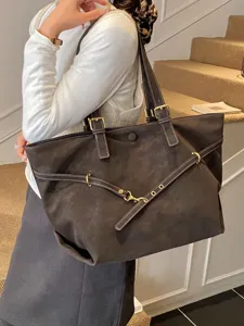 Grote suede tote tas voor dames, casual schoudertas met grote capaciteit, modieuze dagelijkse tas.