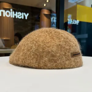 Retro Wollberet Damen Herbst Winter warme flauschige Malermütze in Beige Khaki Style.