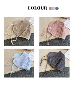 Winter warm knitted 3D face mask with adjustable ear loops and cute button decoration.