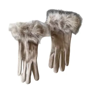 Womens winter warm gloves with plush fur cuff, touchscreen suede gloves for cold weather.