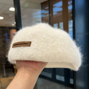 Retro Wollbiberette für Damen, Herbst Winter warm flauschiger Malerhut, einfarbige Mütze.