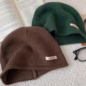 Mode Unisex Strickmütze Koreanischer Stil Einfarbig Herbst Winter Warme Skullcap Mit Buchstabenetikett Outdoor Cold Hat