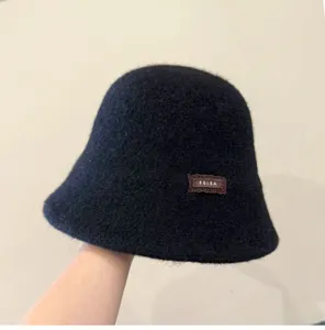 Chapeau seau en feutre noir pour femme hiver chaud décontracté couleur unie doux élégant