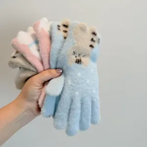 Women Winter Warm Knitted Touch Screen Gloves Cute Cat Jacquard Fleece Lined Thickened Outdoor Cycling Mittens