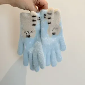 Cute kitten jacquard fleece-lined touch screen winter gloves for warm outdoor cycling wear.