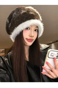 Contrast star fuzzy knit beret for women, winter warm slouchy beanie cap with soft cozy touch.