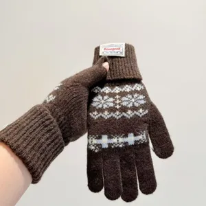 Gants en tricot rétro marron avec motif flocon de neige nordique, gants tactiles d'hiver chauds.
